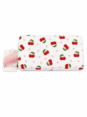 Blush Kiss Cherry Print Zip Wallet - White with Red Cherries and Pink Hearts